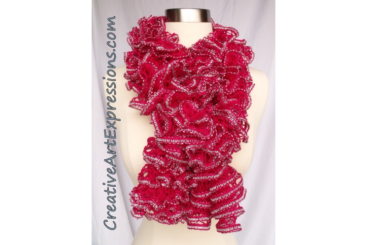 Creative Art Expressions Hand Knit Pink Topaz & Silver Ruffle Scarf