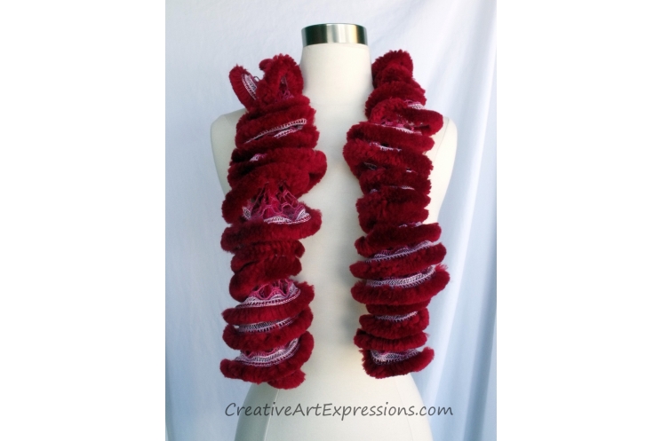 Creative Art Expressions Hand Knit Furry Red Ruffle Scarf