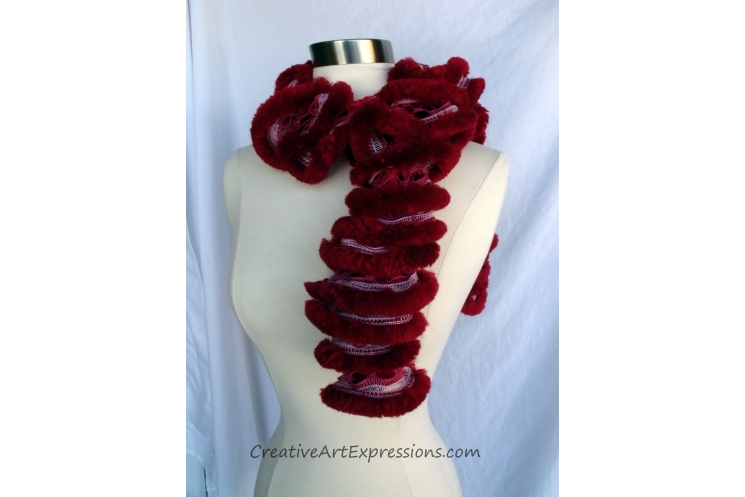 Creative Art Expressions Hand Knit Furry Red Ruffle Scarf