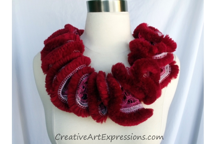 Creative Art Expressions Hand Knit Furry Red Ruffle Scarf