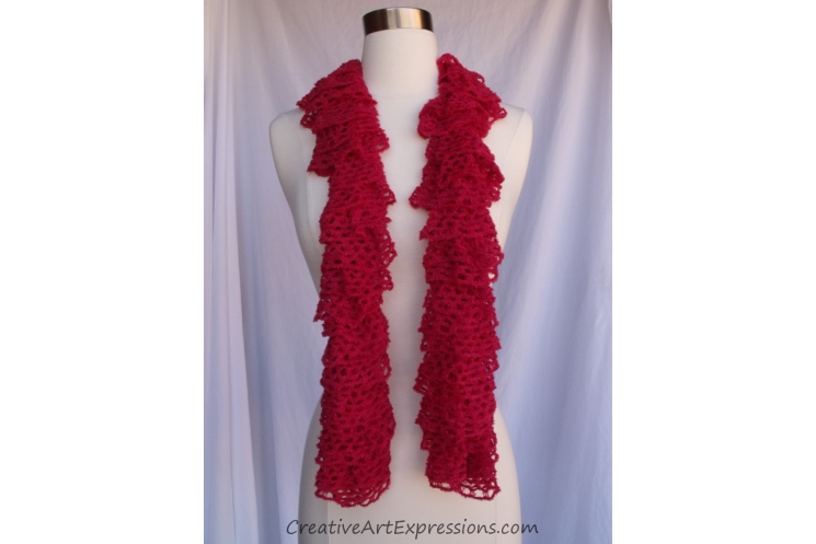 Creative Art Expressions Hand Knit Red Frill Lace Soft Ruffle Scarf