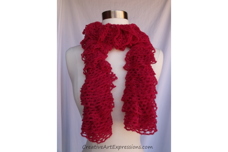 Creative Art Expressions Hand Knit Red Frill Lace Soft Ruffle Scarf