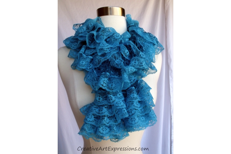 Creative Art Expressions Hand Knit Turquoise Lace Ruffle Scarf