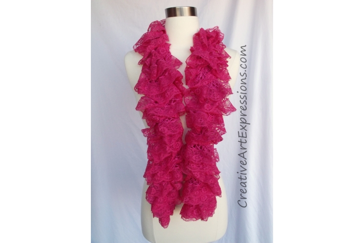 Creative Art Expressions Hand Knit Hot Pink Lace Ruffle Scarf
