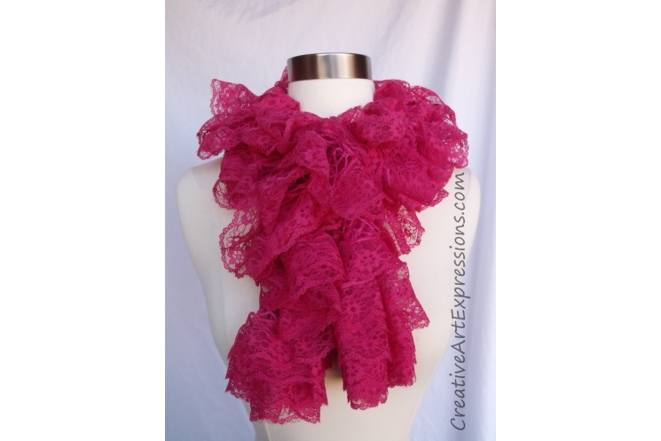 Creative Art Expressions Hand Knit Hot Pink Lace Ruffle Scarf
