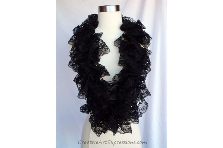 Creative Art Expressions Hand Knit Black Lace Ruffle Scarf
