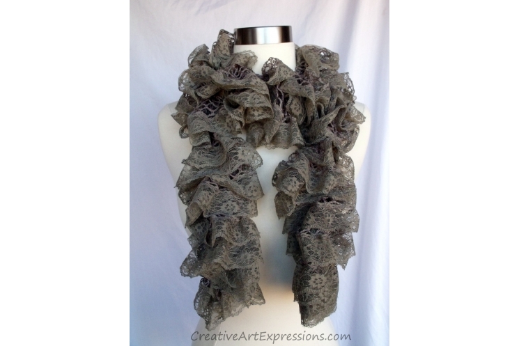 Creative Art Expressions Hand Knit Stone Lace Ruffle Scarf