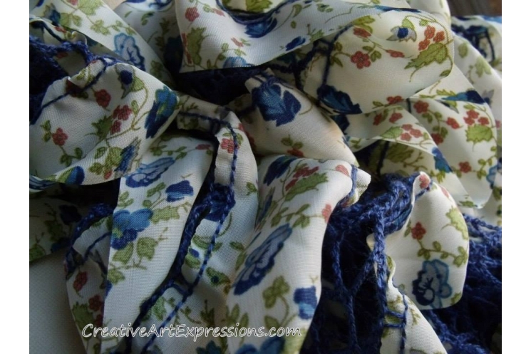 Knit Blue Flora Fabric Lined Ruffle Scarf