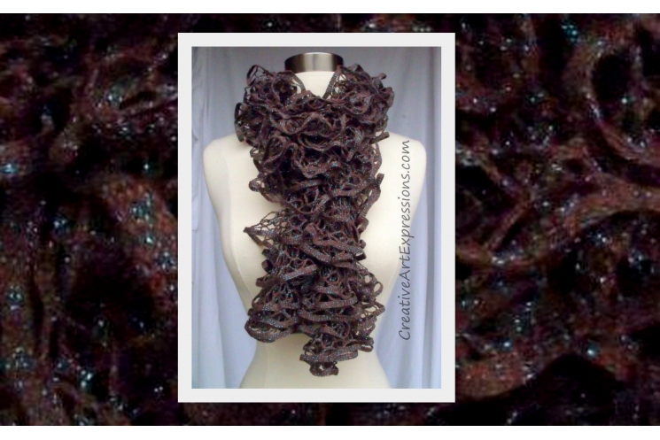 Hand Knitted Brown & Turquoise Glam Ruffle Scarf