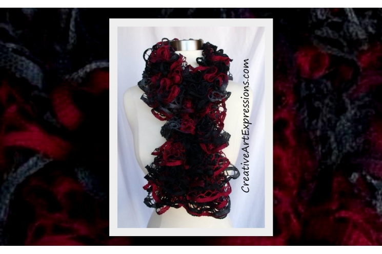 Hand Knitted Red Black & Gray Ruffle Scarf