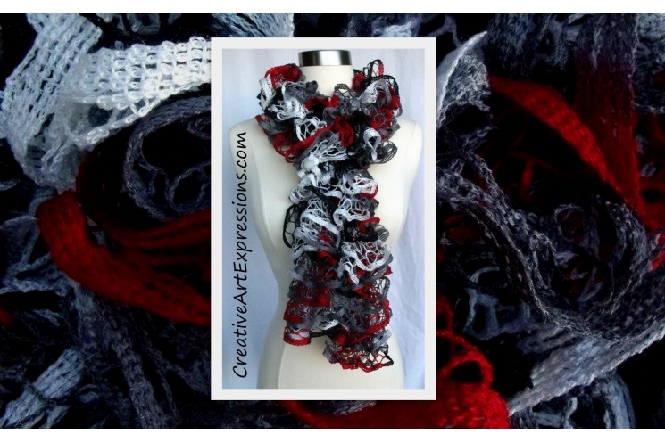 Hand Knitted Red White & Gray Ruffle Scarf