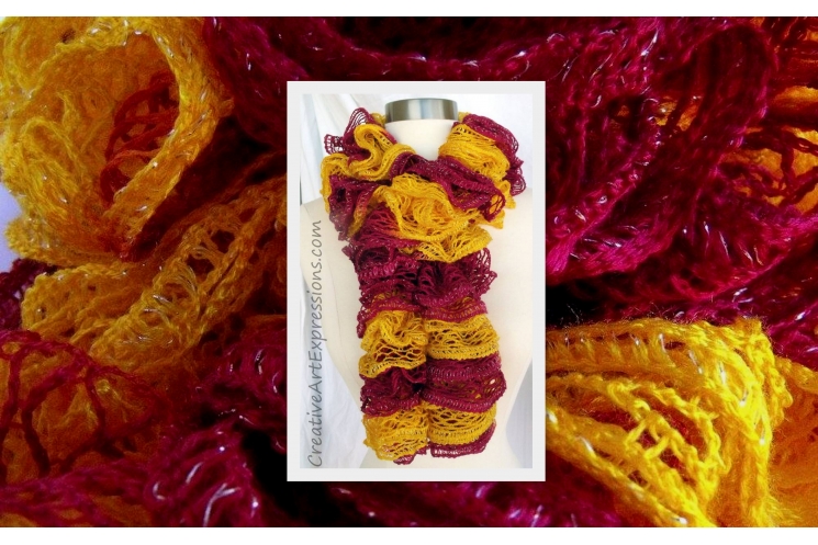 Knitted Gold & Burgundy Ruffle Scarf