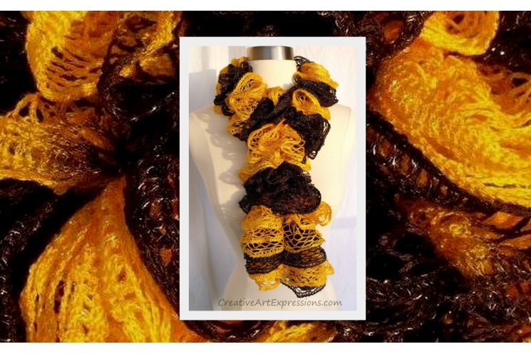 Knitted Black & Gold Ruffle Scarf