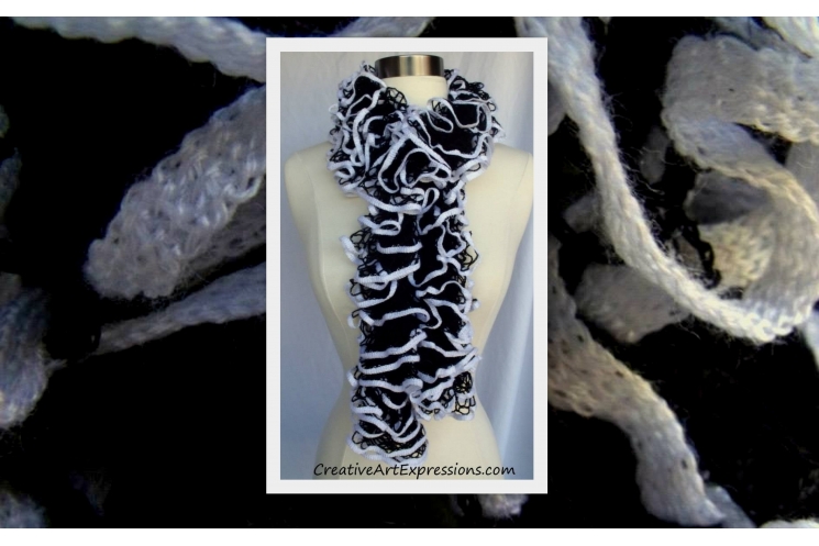 Knit Black & White Ruffle Scarf