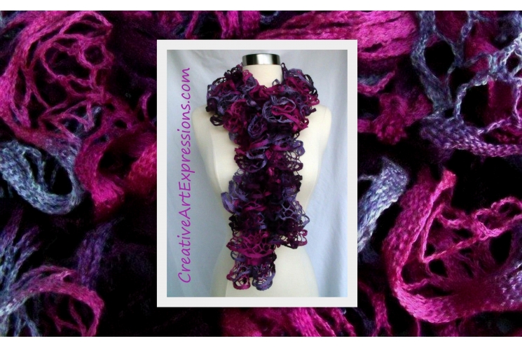 Hand Knitted Pink & Purple Ruffle Scarf