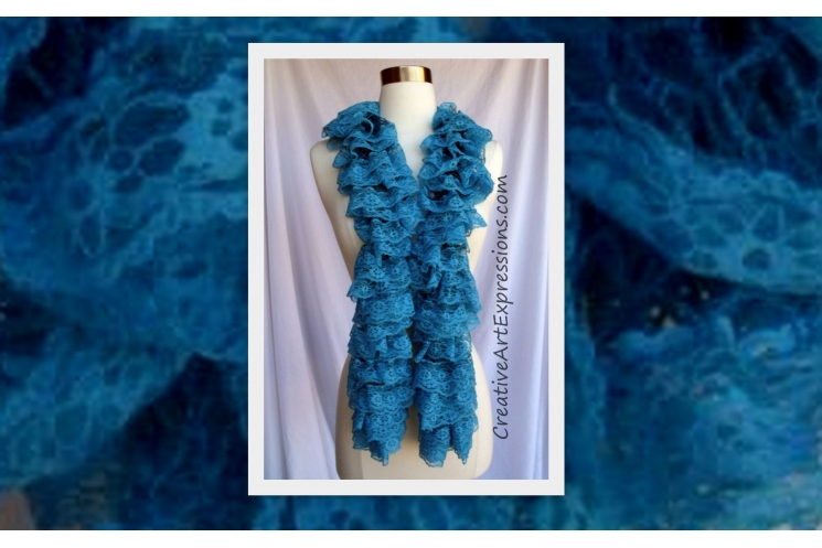 Creative Art Expressions Hand Knit Turquoise Lace Ruffle Scarf