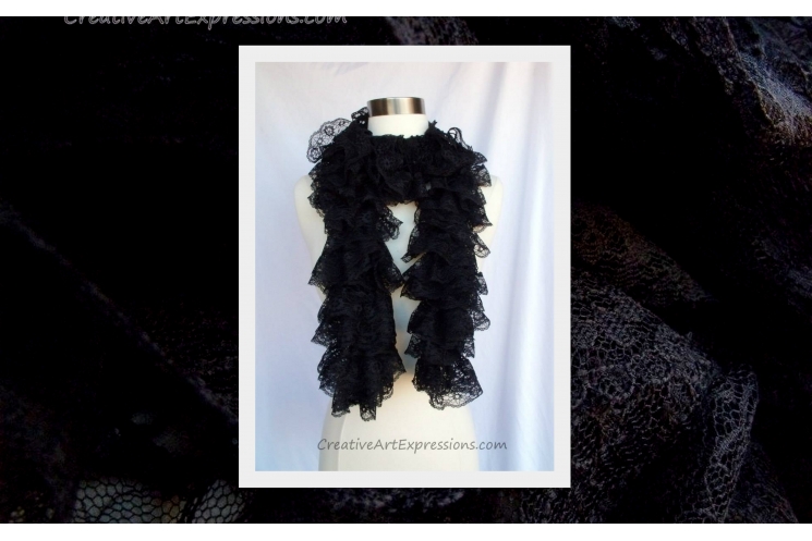 Knit Black Lace Ruffle Scarf