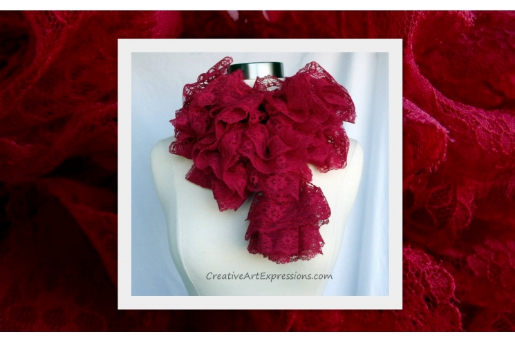 Knit Red Lace Ruffle Scarf
