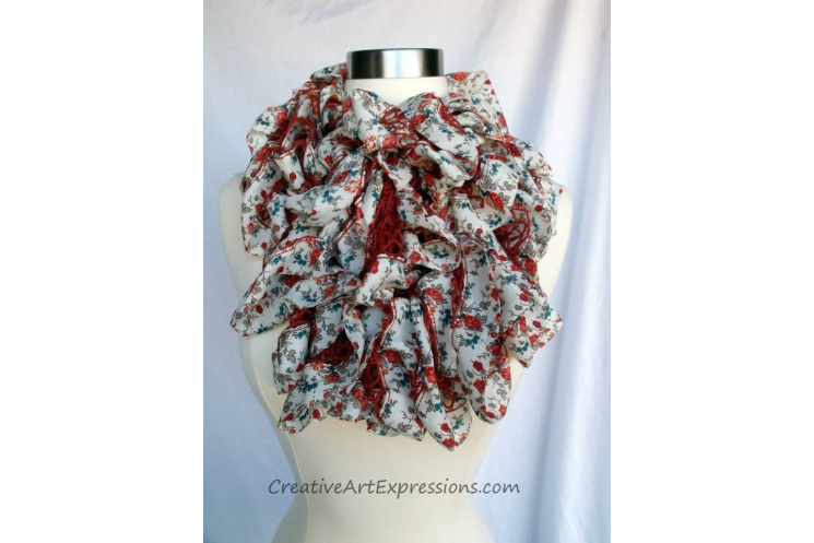 Hand Knit Orient Fabric Lined Ruffle Scarf