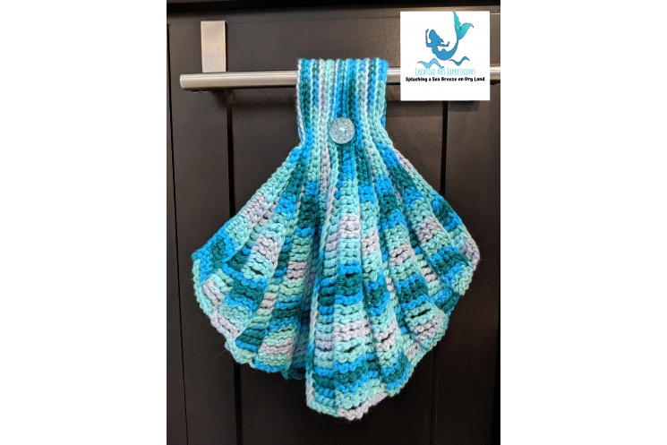 Seashell Hand Hanging Towel with no ruffles in Aqua Ombre