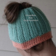 Adult Messy Bun Hat Aqua & Coral