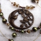 Creative Art Expressions Handmade Brown Green & Brass 3 Strand Bird Necklace Jew