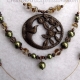 Brown Green & Brass 3 Strand Bird Necklace Jewelry