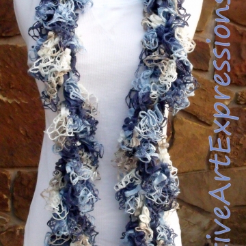 Creative Art Expressions Hand Crocheted Shades of Blue Grand Picots Scarf