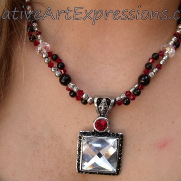 Creative Art Expressions Handmade Red Black Silver Crystal Necklace Jewelry