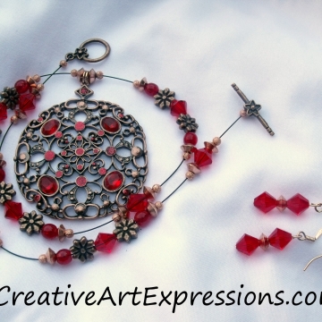 Creative Art Expressions Handmade Red & Antique Copper Necklace & Earring Set Je