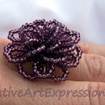 Creative Art Expressions Handmade Amethyst Seed Bead Flower Ring Jewelry Design Creative Art Expressions Handmade Amethyst Seed Bead Flower Ring Jewelry Design