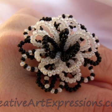 Creative Art Expressions Handmade Black & White Seed Bead Flower Ring Jewelry Design Creative Art Expressions Handmade Black & White Seed Bead Flower Ring Jewelry De