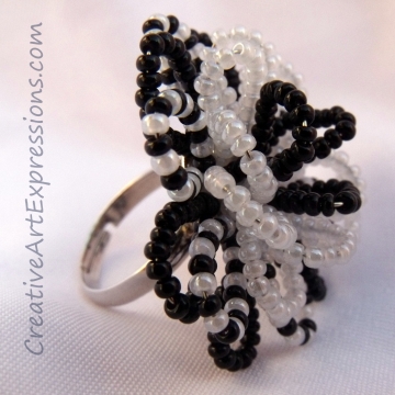 Creative Art Expressions Handmade Black & White Seed Bead Flower Ring Jewelry Design Creative Art Expressions Handmade Black & White Seed Bead Flower Ring Jewelry De