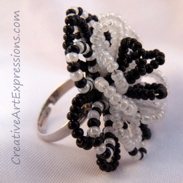 Creative Art Expressions Handmade Black & White Seed Bead Flower Ring Jewelry De