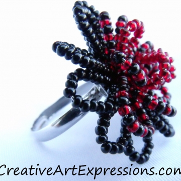 Creative Art Expressions Handmade Black & Red Seed Bead Flower Ring Jewelry Desi
