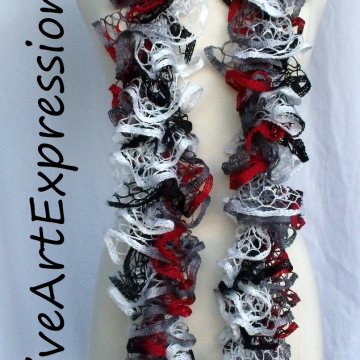 Creative Art Expressions Hand Knitted Red White & Gray Ruffle Scarf