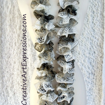 Hand Knitted White Gray & Brown Ruffle Scarf