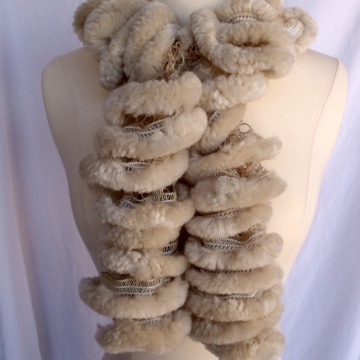 Creative Art Expressions Hand Knit Furry Beige Ruffle Scarf