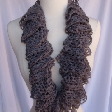 Creative Art Expressions Hand Knit Gray Frill Lace Soft Ruffle Scarf