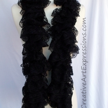 Creative Art Expressions Hand Knit Black Lace Ruffle Scarf