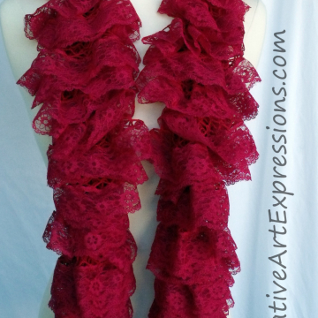 Creative Art Expressions Hand Knit Red Lace Ruffle Scarf