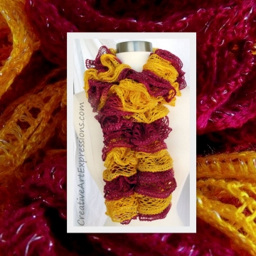 Knitted Gold & Burgundy Ruffle Scarf