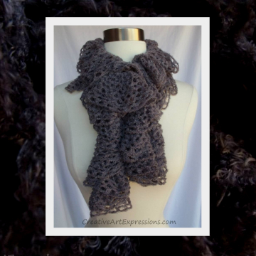 Hand Knit Gray Frill Lace Soft Ruffle Scarf