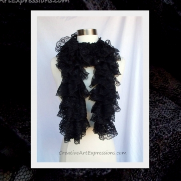 Knit Black Lace Ruffle Scarf