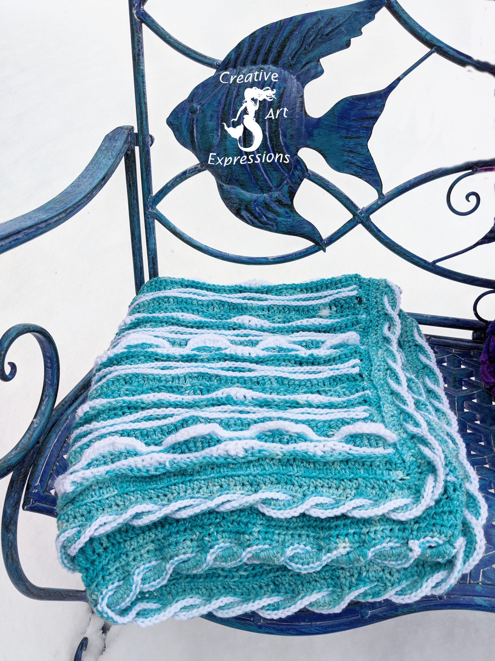 Topaz Sea Breeze Crocheted Aqua White Baby Blanket Mermaid Crochet Ocean Crochet Ocean Blanket Coastal Crochet Blanket 34