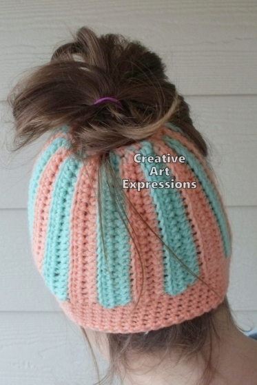 Coral & Aqua Striped Messy Bun Hat Adult Crocheted