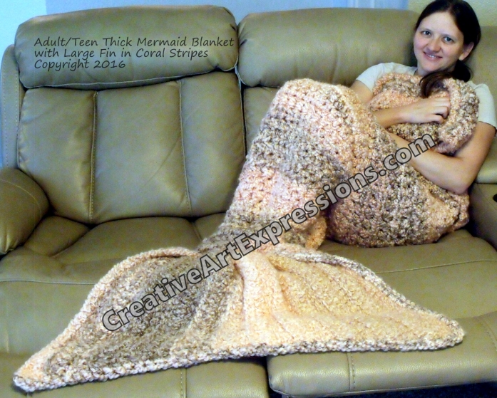 Thick Mermaid Blanket with Large Fin in Coral Stripes