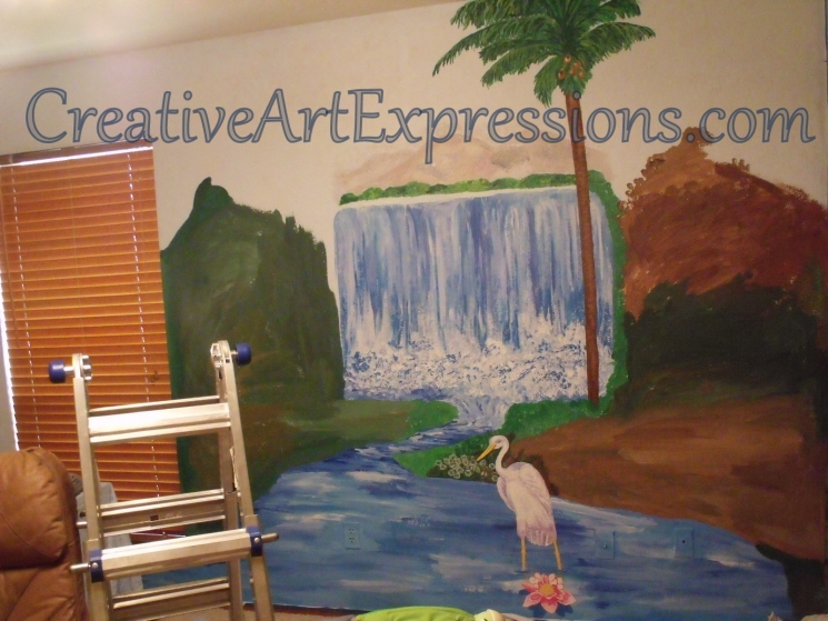 Creative Art Expressions Hand Painted Rainforest Mural In Progress 8-5-2011