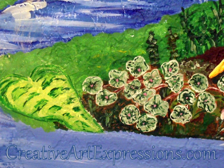 Creative Art Expressions Hand Painted Large Leaf & Flowers On Rainforest Mural. 8-17-2011