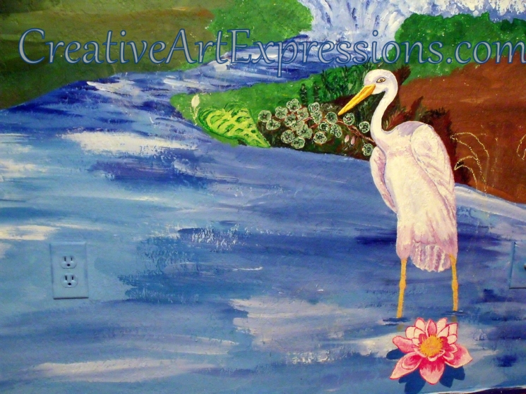 Creative Art Expressions Hand Painted Wooping Crane With Water Lily & Stream On Rainforest Mural. 8-17-2011